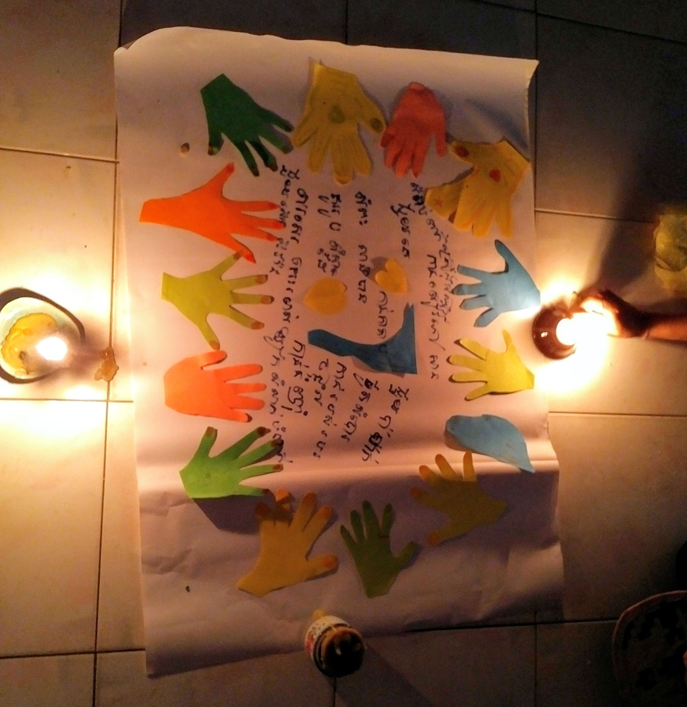 Respect activity - hands are for. Participants were working under candle light when electricity was cut off.